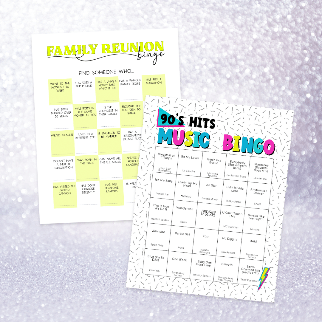 Best-Selling Printable Bingo Themes Example Sheets Preview of two printable Bingo sheets from the Free Bingo Ideas Guide—featuring best-selling game themes for classrooms, parties, and Etsy sellers.
